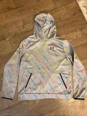 Under Armour Light Gray V-Neck Logo-Print Hoodie Sweater Youth XL